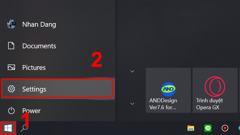 Vào Menu Start và chọn Settings