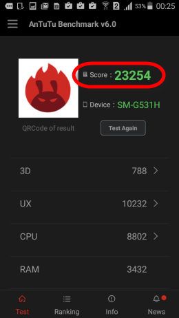 Đây là thông tin điểm của máy Samsung Grand prime G531 được đánh giá trên ứng dụng Antutu các bạn có thể tham khảo.