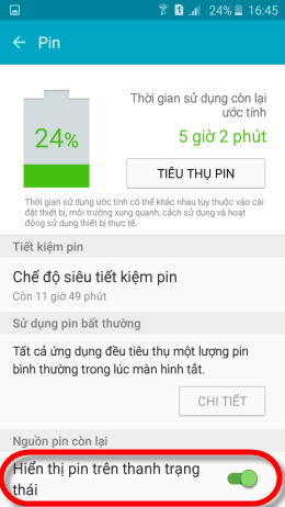 Bạn có thể bật phần trăm pin tại đây.