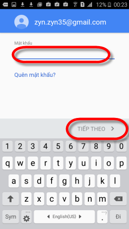 Nhập mật khẩu của tài khoản vào sau đó chọn Tiếp theo