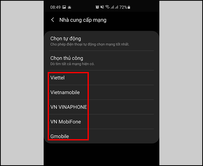 Chọn nhà mạng bạn đang dùng