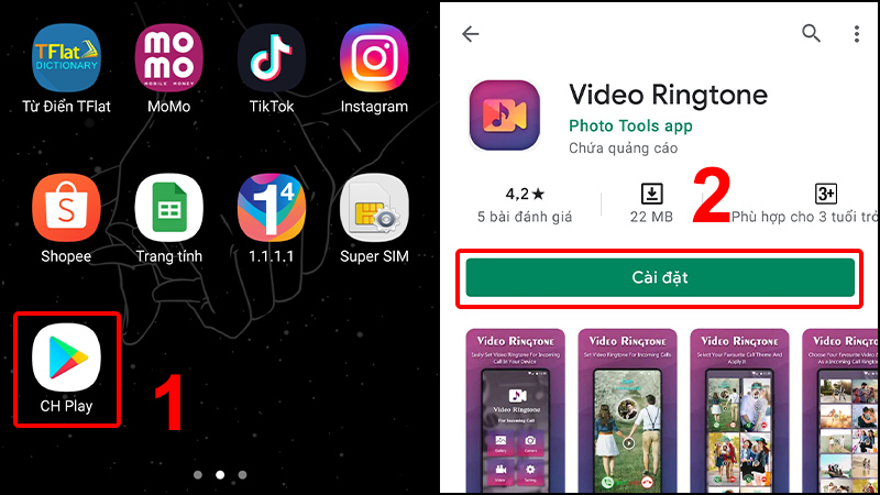 Vào CH Play và tải ứng dụng Video Ringtunes