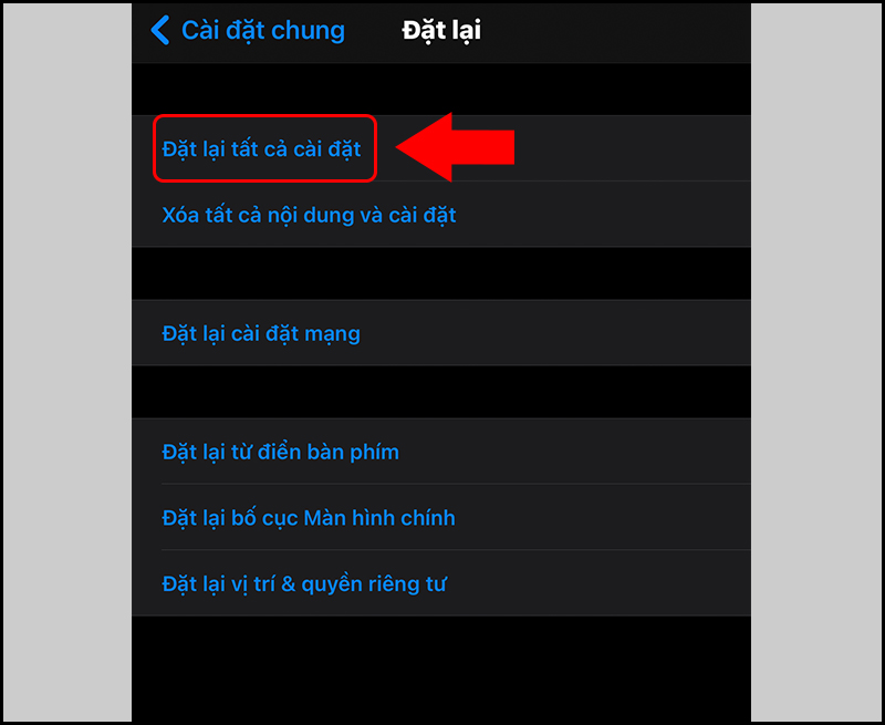 Reset lại tất cả các cài đặt