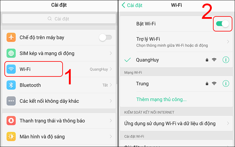 Thực hiện bật tắt Wi-Fi