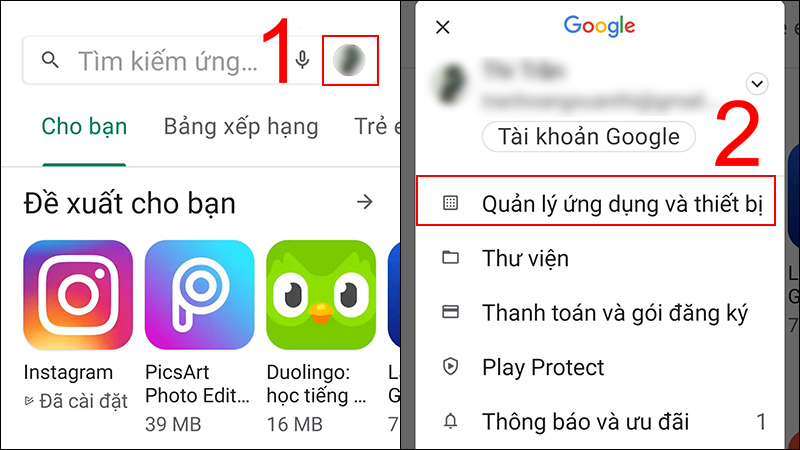 Bấm vào ảnh đại diện, chọn Quản lý ứng dụng và thiết bị