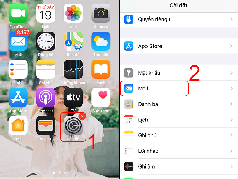 Vào Cài đặt và chọn Mail