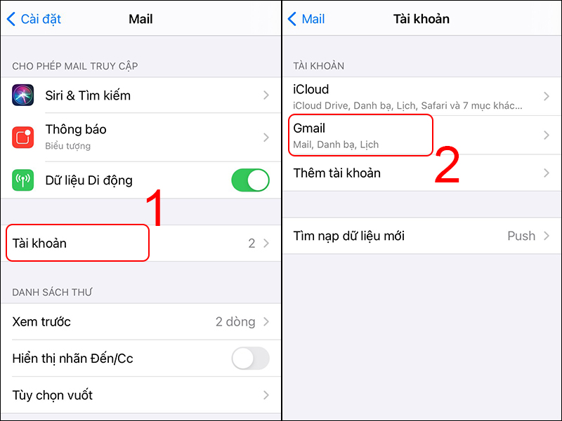 Chọn Tài khoản và chọn Gmail