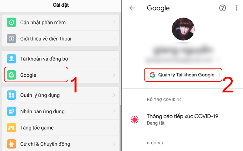 Chọn Google và chọn Quản lý Tài khoản Google trong Cài đặt