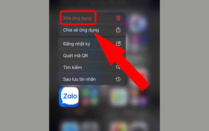 Nhấn giữ Zalo trên màn hình rồi nhấn xóa ứng dụng