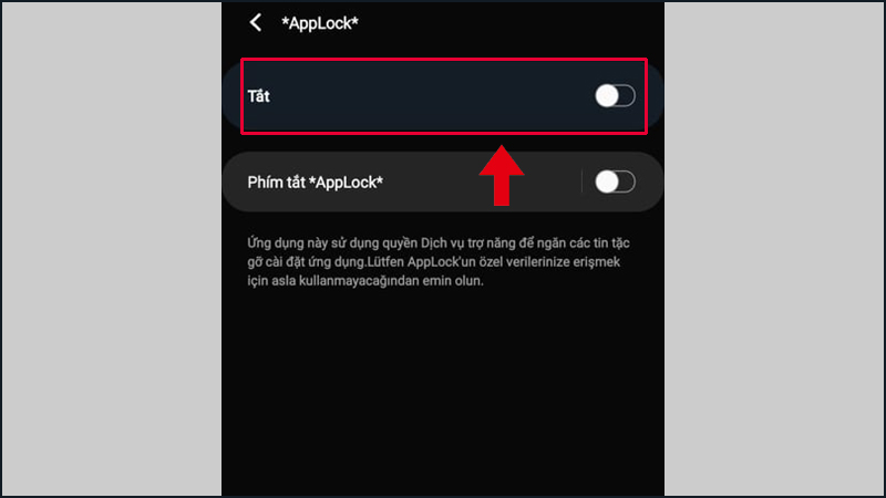 Gạt thanh trạng thái sang phải để cấp quyền Dịch vụ trợ năng cho AppLock - Lock Apps & Privacy Guard