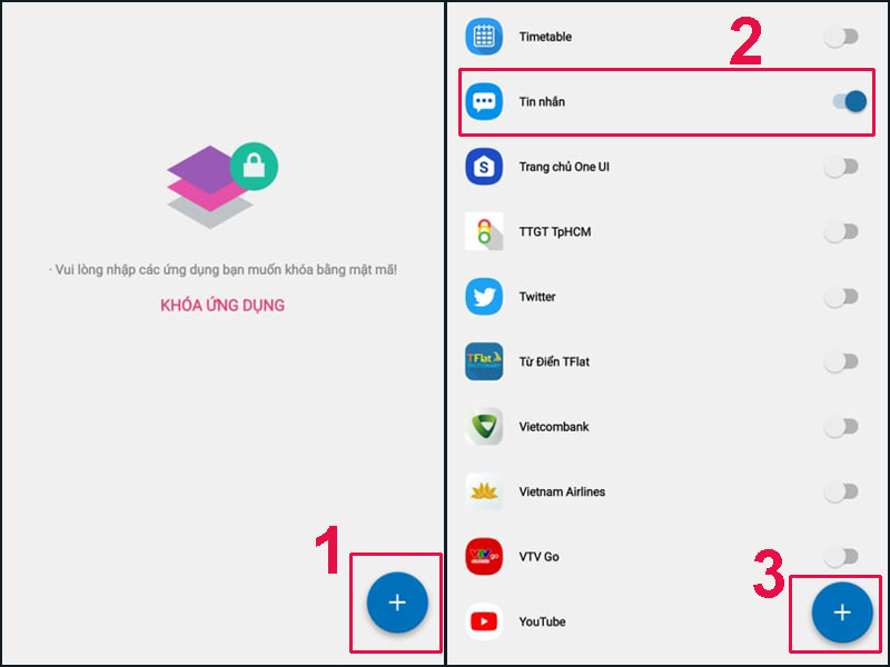 Ấn dấu cộng để thêm ứng dụng nhắn tin bạn muốn bảo mật