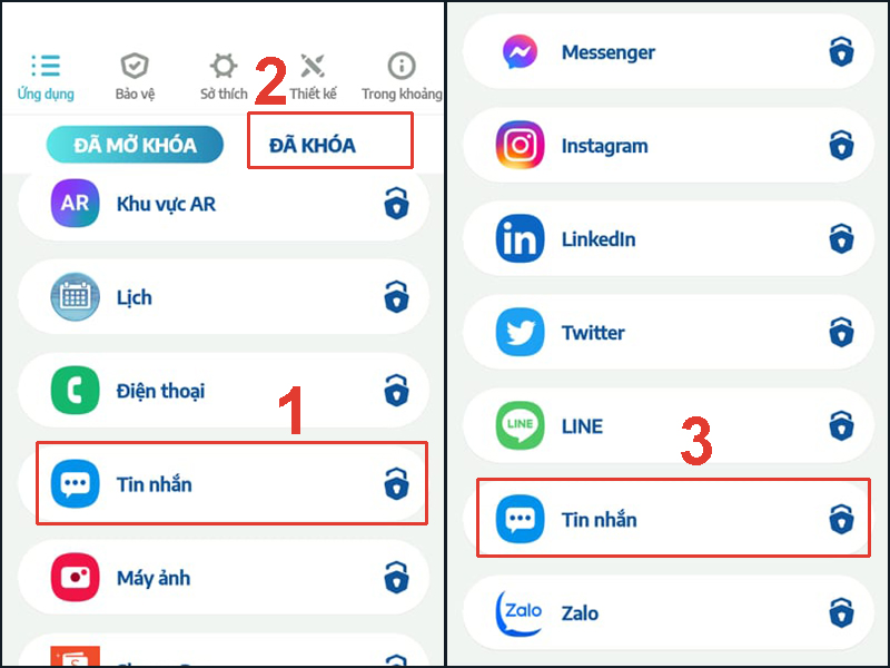 Ấn vào mục ĐÃ KHÓA để có thể xem những ứng dụng đang được bảo vệ