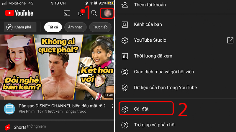 Truy cập vào Cài đặt trong ứng dụng YouTube trên điện thoại