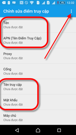 Nhập th&ocirc;ng tin nh&agrave; mạng sau đ&oacute; chọn dấu 3 chấm