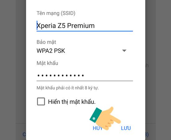 Nhấp vào Cấu hình điểm phát sóng để thiết lập Tên mạng và Bảo mật. Sau đó chọn LƯU.