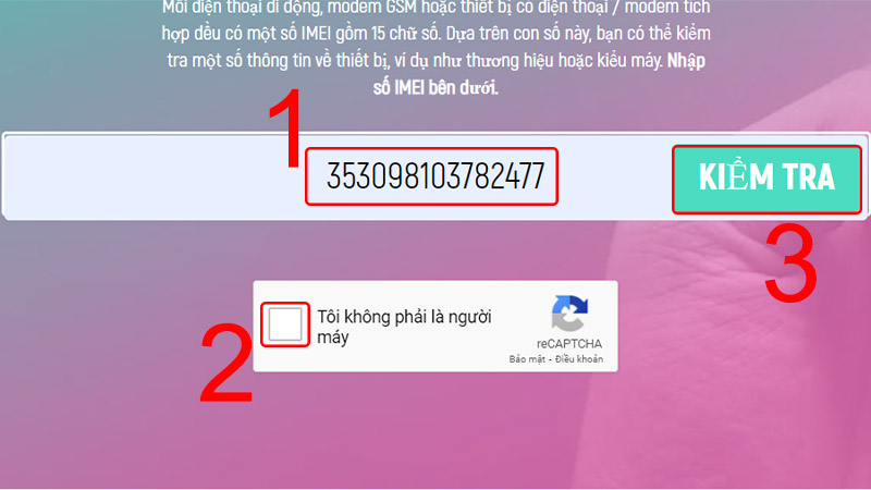 Nhập IMEI và kiểm tra