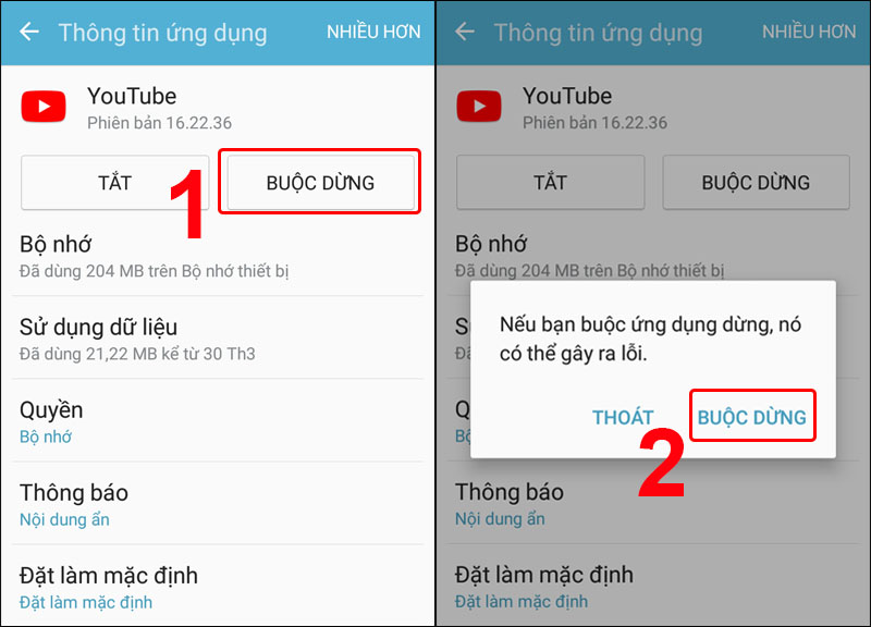 Buộc dừng ứng dụng YouTube