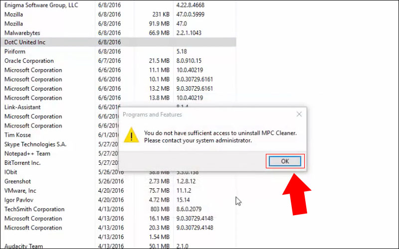 Chọn Ok để tiến hành gỡ bỏ MPC Cleaner
