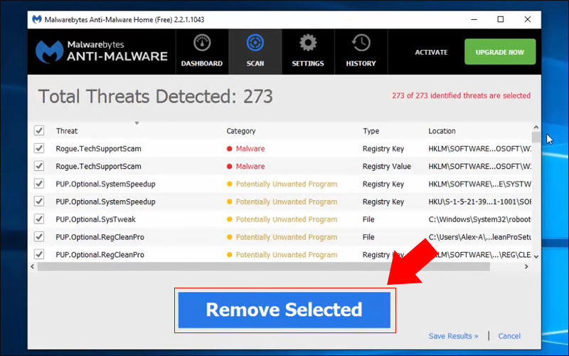 Chọn Remove Selected để xóa bỏ tất cả phần mềm độc hại 