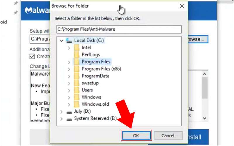 Nhấn OK sau khi chọn xong vị trí cài đặt
