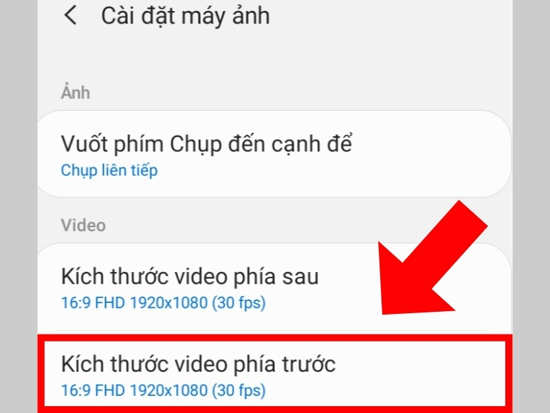 Chọn Kích thước video phía trước