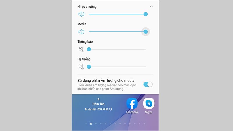 Bấm mũi tên chỉ xuống để có thể chỉnh âm thanh Media, âm lượng thông báo và hệ thống như bình thường 