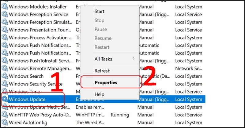 Nhấn chuột phải vào Windows Update và chọn Properties Nhấn chuột phải vào Windows Update và chọn Properties