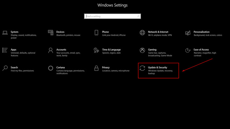 Giao diện Windows Settings xuất hiện chúng ta chọn vào mục Update & Security Giao diện Windows Settings xuất hiện chúng ta chọn vào mục Update & Security