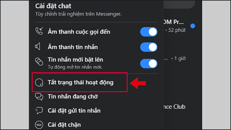 Chọn mục Tắt trạng thái hoạt động