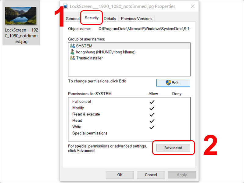 Chọn mục Advanced trong tab Security