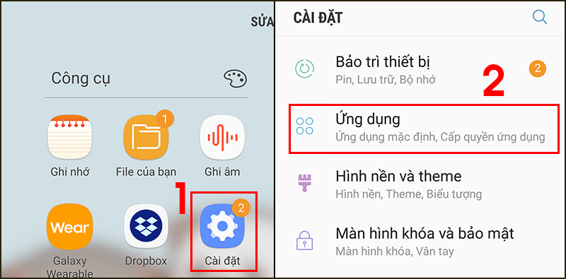 Truy cập ứng dụng trong điện thoại Android