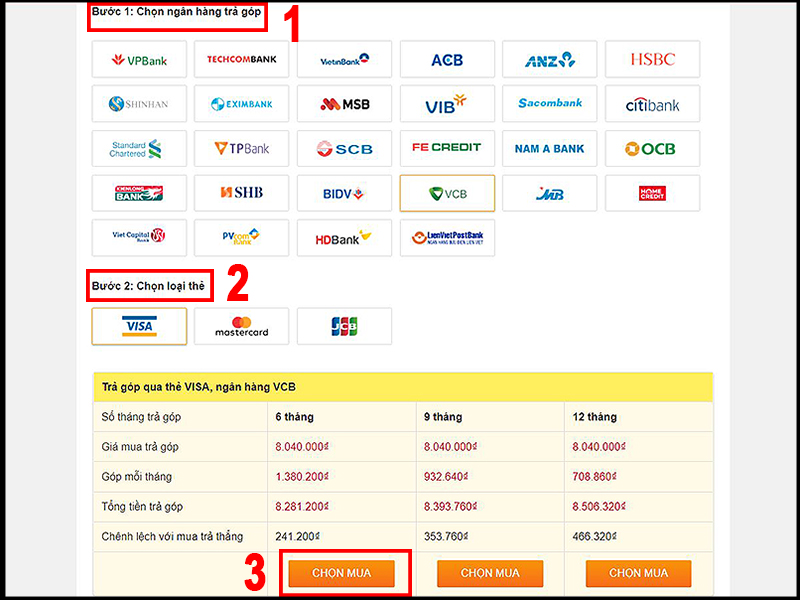 Chọn Ngân hàng và loại thẻ bạn sử dụng để thanh toán trả góp
