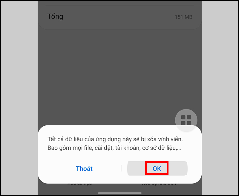 Nhấn OK để xóa dữ liệu