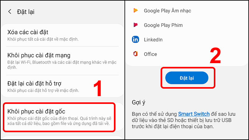 Chọn Khôi phục cài đặt gốc và nhấn Đặt lại