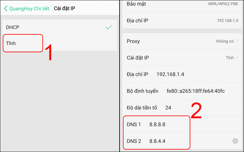 Chọn Cài đặt IP ở chế độ Tĩnh và đổi DNS cũ thành DNS của Google