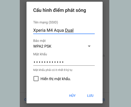 Bước 7: Cuối c&ugrave;ng, bạn c&agrave;i đặt t&ecirc;n v&agrave; mật khẩu của điểm ph&aacute;t s&oacute;ng rồi sau đ&oacute; nhấn Lưu để kết th&uacute;c thao t&aacute;c.