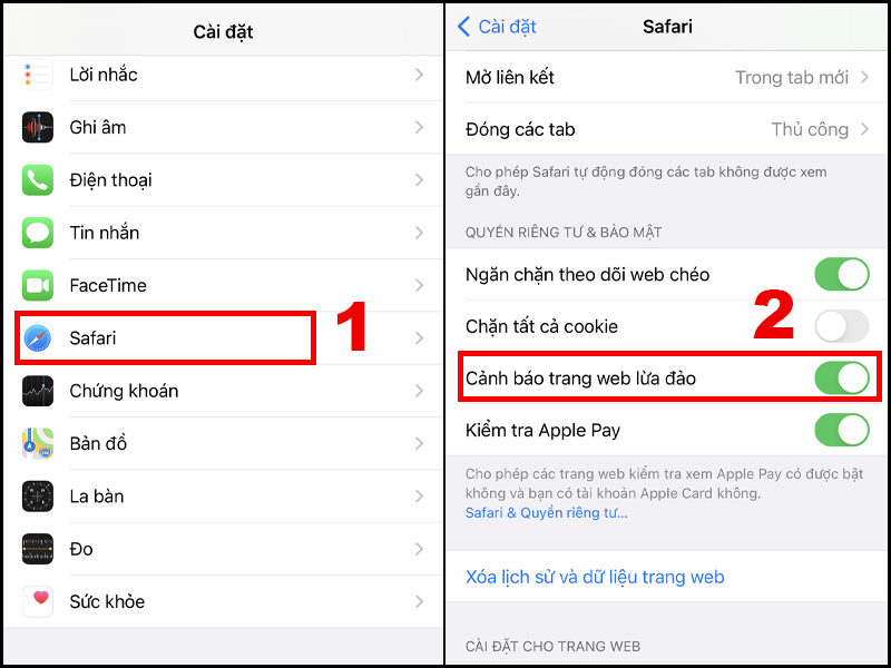 Bật Cảnh b&aacute;o trang web lừa đảo tr&ecirc;n iPhone