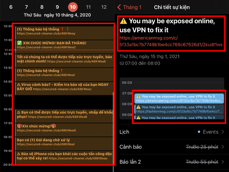 Lịch bị c&agrave;i cảnh b&aacute;o nhiễm virus