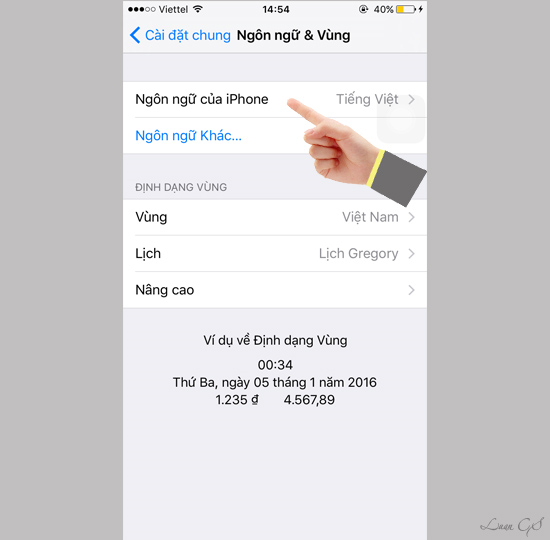 Vào ngôn ngữ của iPhone