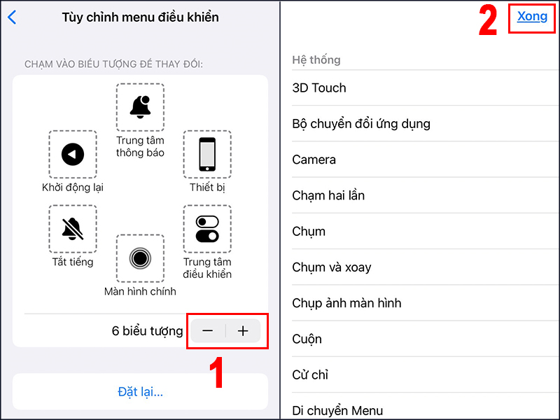 Trong mục AssistiveTouch > Nhấn vào tuỳ chọn Tùy chỉnh menu điều khiển” class=”lazy” src=”http://cdn.tgdd.vn/hoi-dap/802605/cach-bat-nut-home-ao-tren-iphone-giai-phap-bao-ve%20(5)-800×450.jpg”/></p>
<p>Trong mục AssistiveTouch > Nhấn vào tùy chọn Tùy chỉnh menu điều khiển và tinh chỉnh</p>
<p>– <strong>Bước 2</strong>: Nhấn dấu (<strong>+</strong>) để<strong> tăng </strong>số lượng các biểu tượng hoặc dấu (<strong>–</strong>) để <strong>giảm bớt</strong> các biểu tượng không mong muốn > Bấm chọn các biểu tượng để thay đổi chức năng các thao tác nhanh theo ý thích của bạn > Nhấn <strong>Xong</strong> để lưu thay đổi.</p>
<p><img alt=