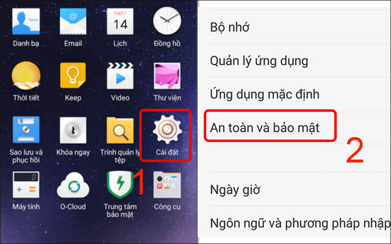 Chọn v&agrave;o mục An To&agrave;n v&agrave; bảo mật trong c&agrave;i đặt