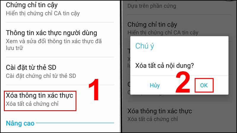 Chọn Xóa thông tin xác thực  Chọn OK.