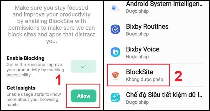 Thực hiện cho phép ứng dụng BlockSite truy cập dữ liệu sử dụng điện thoại