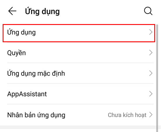Bước 2: Chọn mục Ứng dụng.