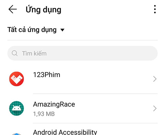 Khi đã chọn Ứng dụng xong bạn đợi 30 giây sau đó máy sẽ xuất hiện danh sách ứng dụng.