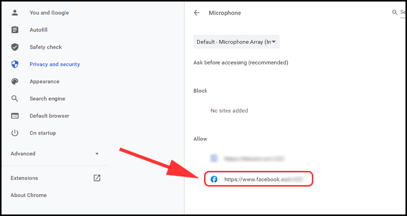 Trình duyệt Facebook đã được cho phép truy cập Microphone