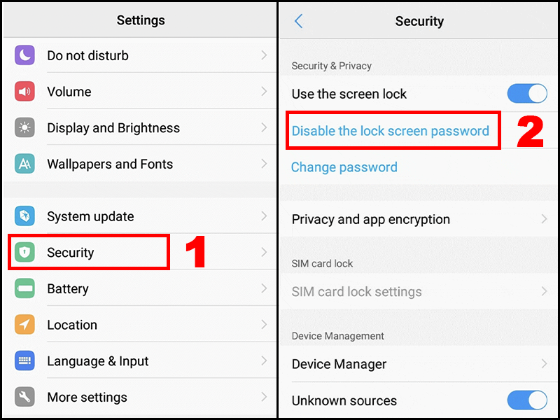 Ấn chọn Disable the lock screen password