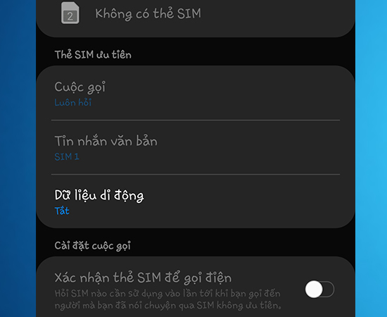 Bước 4: Khi đã vào cửa sổ Quản lý SIM các bạn kéo xuống phần Thẻ SIM ưu tiên và tùy chỉnh SIM cuộc gọi và tin nhắn.