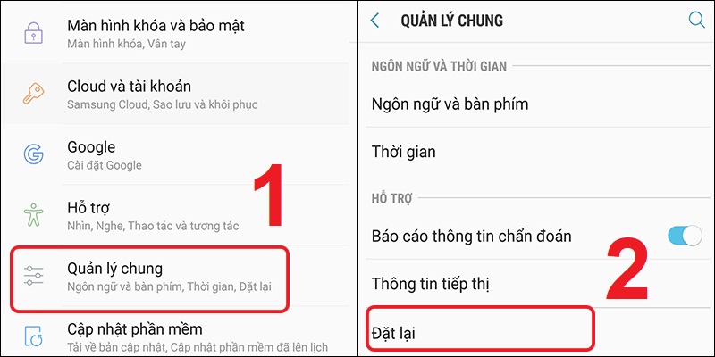 Vào mục Quản lý chung, chọn Đặt lại