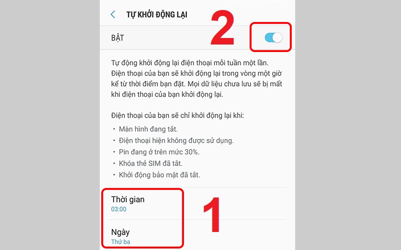 Chọn thời gian mà bạn muốn điện thoại Samsung tự khởi động